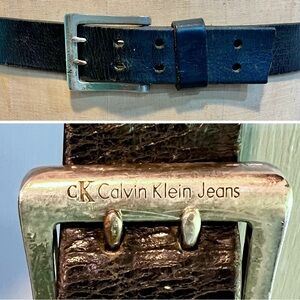 VINTAGE Calvin Klein black‎ genuine leather belt silver signature double buckle